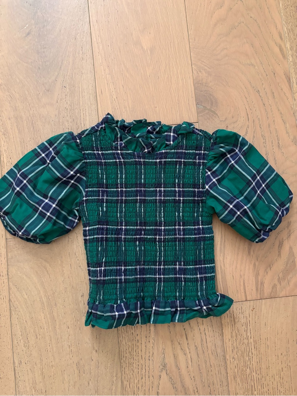 Janie & Jack Girls Green Plaid Puff Sleeve Top